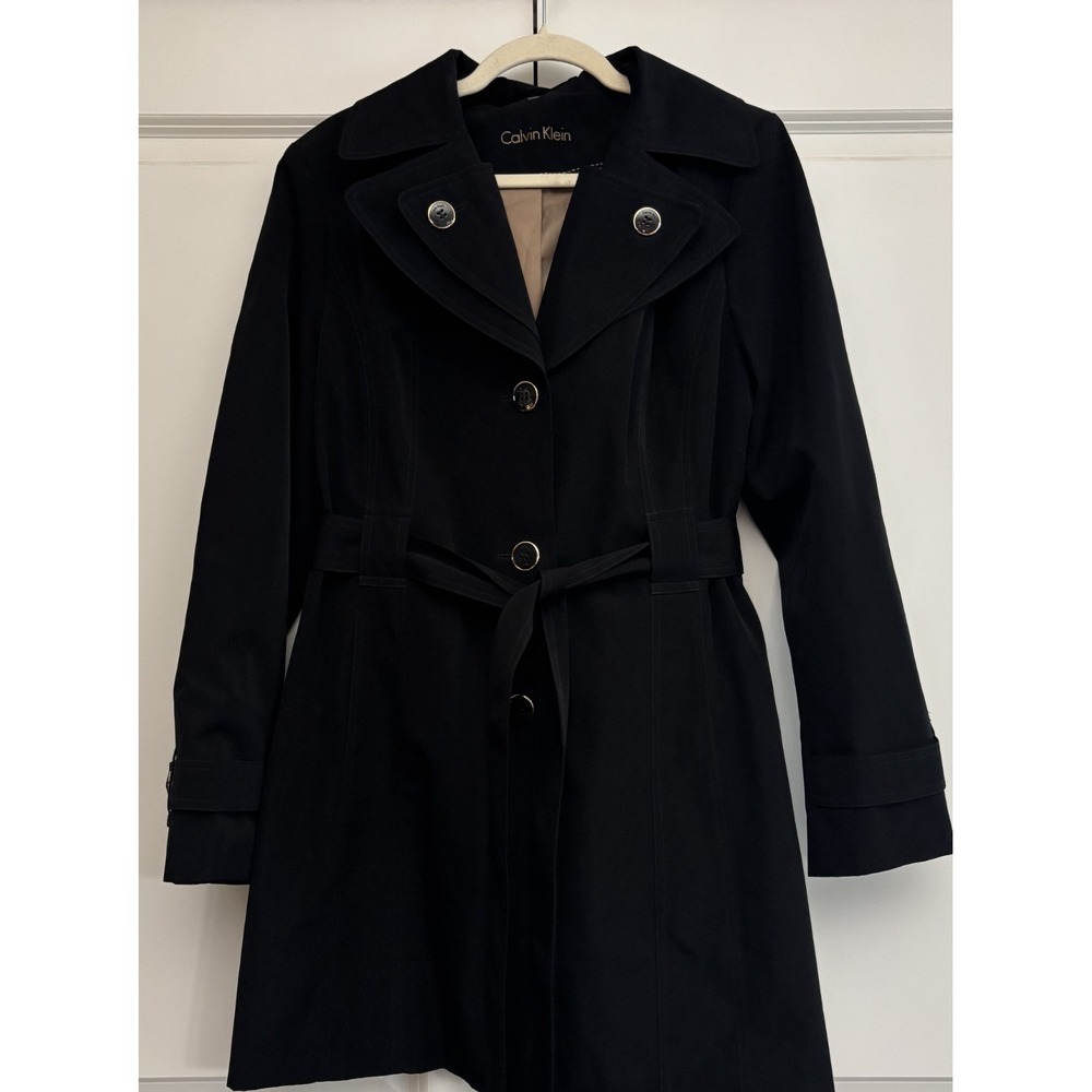 Calvin Klein Womens Trench Coat Black Long Sleeve Single Breasted Classic L